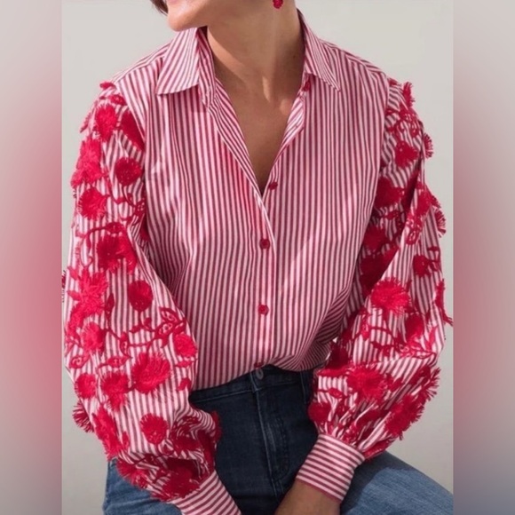 Chico's Tops - Chico’s Poplin 3D Embroidered Sleeve Shirt with Billow Sleeves - Love Letter Red